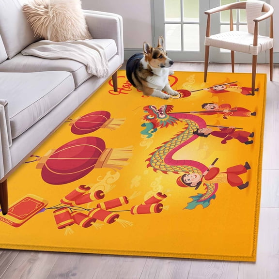 Area Rugs 2.7'x5', Happy New Year Carpet for Living Room Bedroom Dining Room, Red Yellow Dragon Dance Throw Kitchen Rugs Non Slip Washable Rectangle Indoor Outdoor Rugs