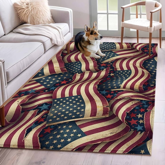 Area Rugs 2.7'x5', Independence Day Carpet for Living Room Bedroom Dining Room, Red Blue USA Flag Retro Patriotic Stars Stripes Throw Kitchen Rugs Non Slip Washable Rectangle Indoor Outdoor Rugs