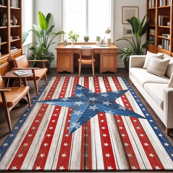 Area Rugs 2.7'x5', Independence Day Carpet Runner Indoor Outdoor Rugs Home Decor Aesthetic, 4 of July Blue Red Stars Striped Wood Non Slip Mats Washable Accent Rug for Living Room Bedroom