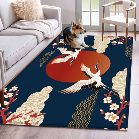 Area Rugs 2.7'x5', Japanese Style Carpet for Living Room Bedroom Dining Room, Modern Cranes Cherry Flower Wave Navy Blue Throw Kitchen Rugs Non Slip Washable Rectangle Indoor Outdoor Rugs