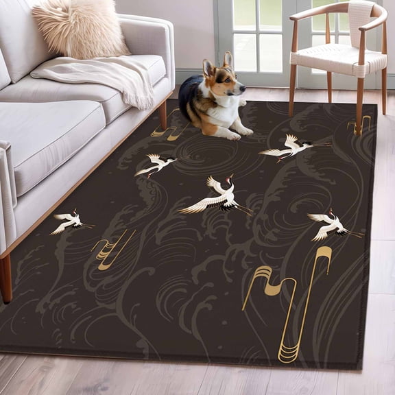 Area Rugs 2.7'x5', Japanese Style Carpet for Living Room Bedroom Dining Room, Vintage Cranes Ocean Wave Black Grey Throw Kitchen Rugs Non Slip Washable Rectangle Indoor Outdoor Rugs