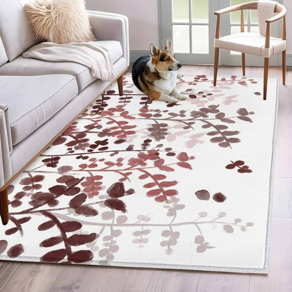 Area Rugs 2.7'x5', Leaves Carpet for Living Room Bedroom Dining Room, Pink Brown Summer Botanical Throw Kitchen Rugs Non Slip Washable Rectangle Indoor Outdoor Rugs