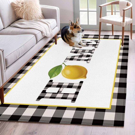 Area Rugs 2.7'x5', Lemon Carpet for Living Room Bedroom Dining Room, Summer Botanical Black White Plaid Pastoral Throw Kitchen Rugs Non Slip Washable Rectangle Indoor Outdoor Rugs