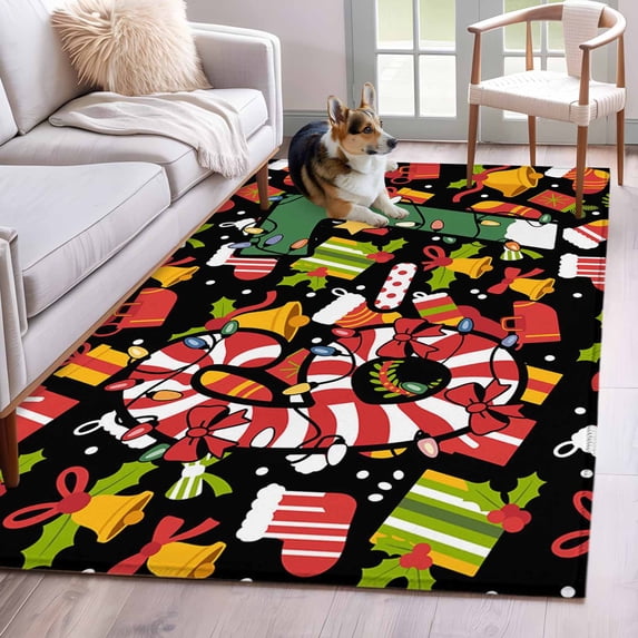 Area Rugs 2.7'x5', Merry Christmas Carpet for Living Room Bedroom Dining Room, Winter Xmas Stockings Gifts Bells Cartoon Throw Kitchen Rugs Non Slip Washable Rectangle Indoor Outdoor Rugs