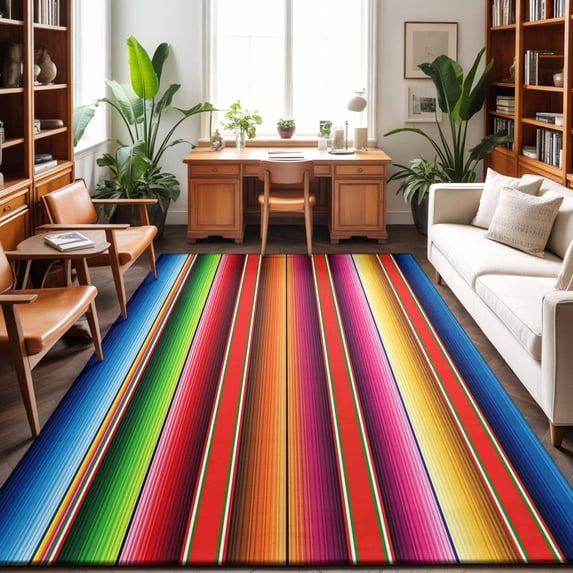 Area Rugs 2.7'x5', Mexican Style Carpet Runner Indoor Outdoor Rugs Home Decor Aesthetic, Colorful Mexico Stripes Red Blue Non Slip Mats Washable Accent Rug for Living Room Bedroom