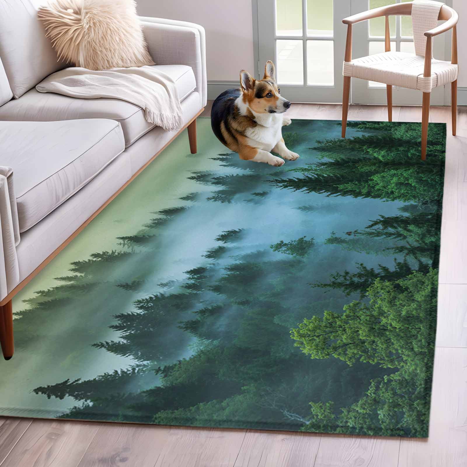 Area Rugs 2.7'x5', Mountain Carpet for Living Room Bedroom Dining Room, Forest Green Trees Modern Art Throw Kitchen Rugs Non Slip Washable Rectangle Indoor Outdoor Rugs