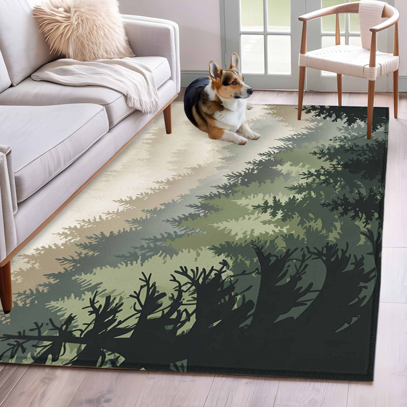 Area Rugs 2.7'x5', Mountains Carpet for Living Room Bedroom Dining Room, Watercolor Forest Nature Pine Trees Landscape Throw Kitchen Rugs Non Slip Washable Rectangle Indoor Outdoor Rugs