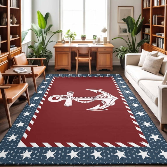 Area Rugs 2.7'x5', Nautical Anchor Carpet Runner Indoor Outdoor Rugs Home Decor Aesthetic, Red Navy Blue Coastal Stars Ocean Non Slip Mats Washable Accent Rug for Living Room Bedroom