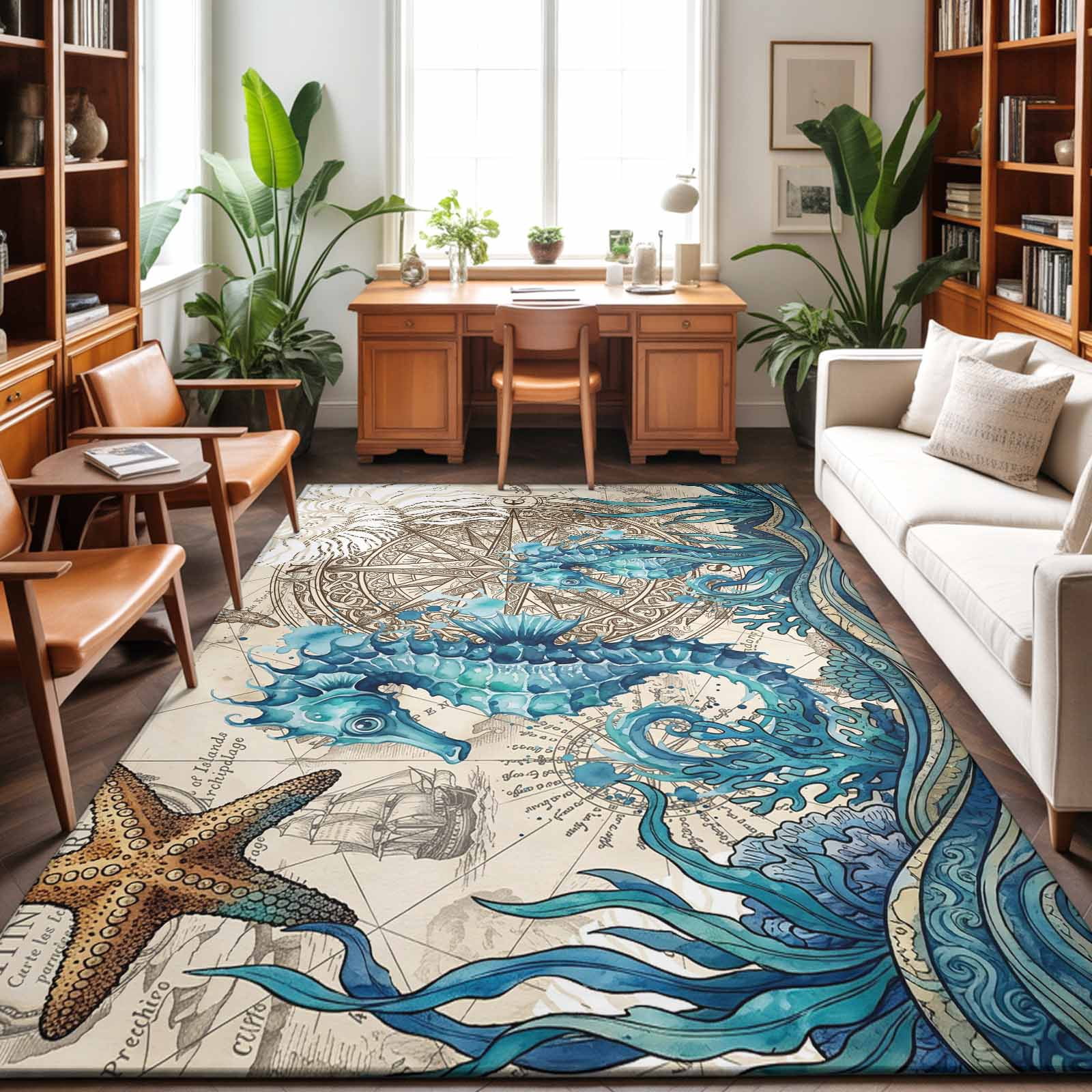 Area Rugs 2.7'x5', Nautical Coastal Carpet Runner Indoor Outdoor Rugs Home Decor Aesthetic, Retro Marine Life Seahorse Compass Map Beige Non Slip Mats Washable Accent Rug for Living Room Bedroom