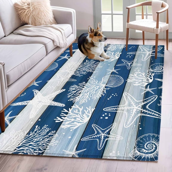 Area Rugs 2.7'x5', Navy Blue Coastal Beach Carpet for Living Room Bedroom Dining Room, Nautical Starfish Coral Vintage Wooden Throw Kitchen Rugs Non Slip Washable Rectangle Indoor Outdoor Rugs