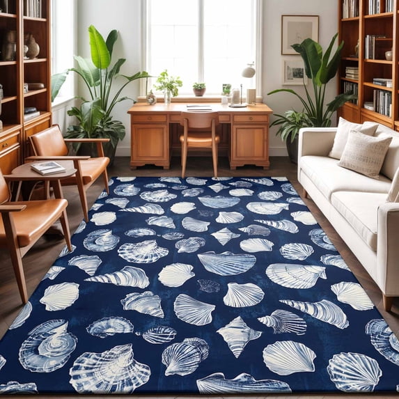 Area Rugs 2.7'x5', Navy Blue Coastal Carpet Runner Indoor Outdoor Rugs Home Decor Aesthetic, Shell Conch Summer Beach Nautical Non Slip Mats Washable Accent Rug for Living Room Bedroom