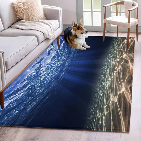Area Rugs 2.7'x5', Navy Blue Ocean Waves Carpet for Living Room Bedroom Dining Room, Summer Beach Coastal Abstract Throw Kitchen Rugs Non Slip Washable Rectangle Indoor Outdoor Rugs
