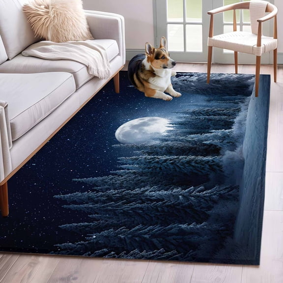 Area Rugs 2.7'x5', Night Moon Landscapes Carpet for Living Room Bedroom Dining Room, Christmas SNowflak Forest Throw Kitchen Rugs Non Slip Washable Rectangle Indoor Outdoor Rugs
