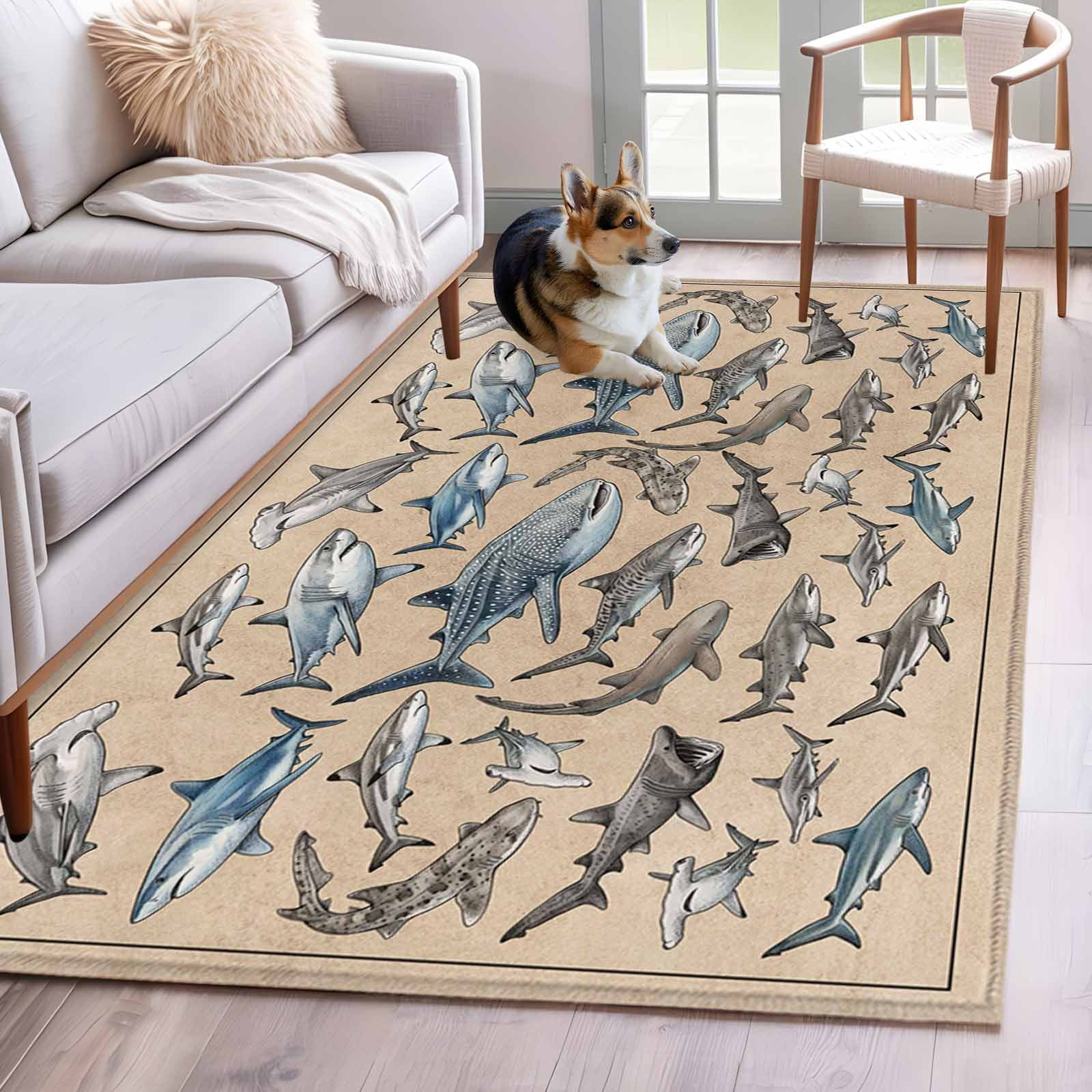 Area Rugs 2.7'x5', Ocean Sharks Carpet for Living Room Bedroom Dining Room, Vintage Coastal Underwater Animals Brown Throw Kitchen Rugs Non Slip Washable Rectangle Indoor Outdoor Rugs