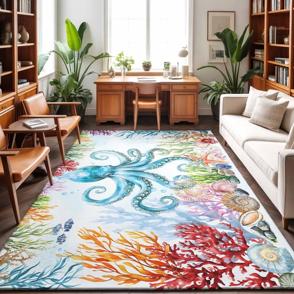 Area Rugs 2.7'x5', Octopus Coastal Carpet Runner Indoor Outdoor Rugs Home Decor Aesthetic, Blue Nautical Summer Beach Ocean Non Slip Mats Washable Accent Rug for Living Room Bedroom
