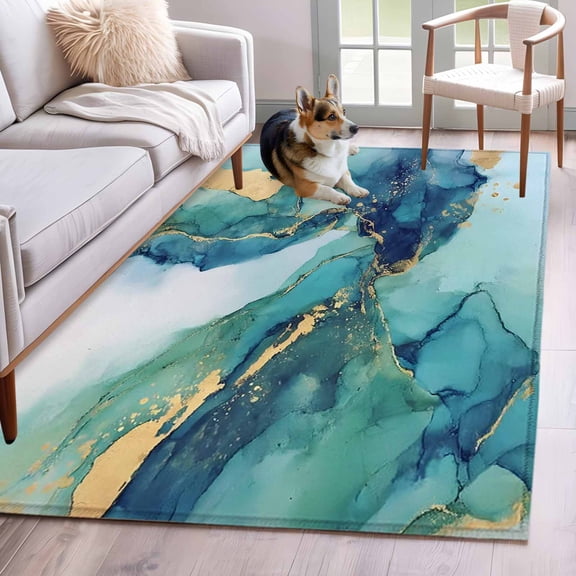 Area Rugs 2.7'x5', Ombre Turquoise Marble Carpet for Living Room Bedroom Dining Room, Modern Minimalist Art Gradient Throw Kitchen Rugs Non Slip Washable Rectangle Indoor Outdoor Rugs