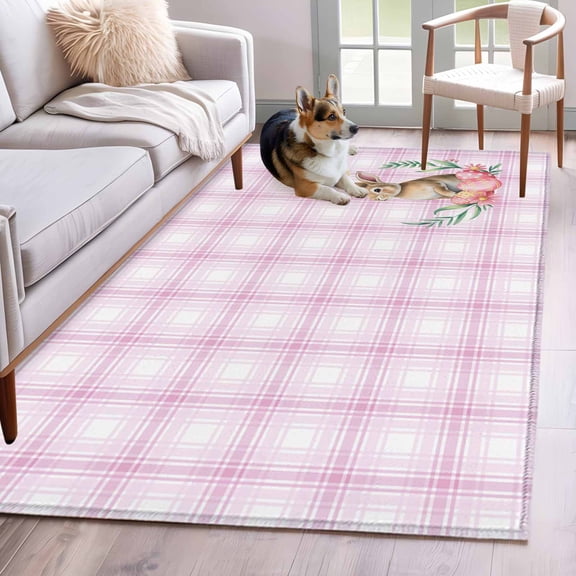 Area Rugs 2.7'x5', Pink Easter Carpet for Living Room Bedroom Dining Room, Bunny Eggs Spring Floral Stripes Farmhouse Throw Kitchen Rugs Non Slip Washable Rectangle Indoor Outdoor Rugs
