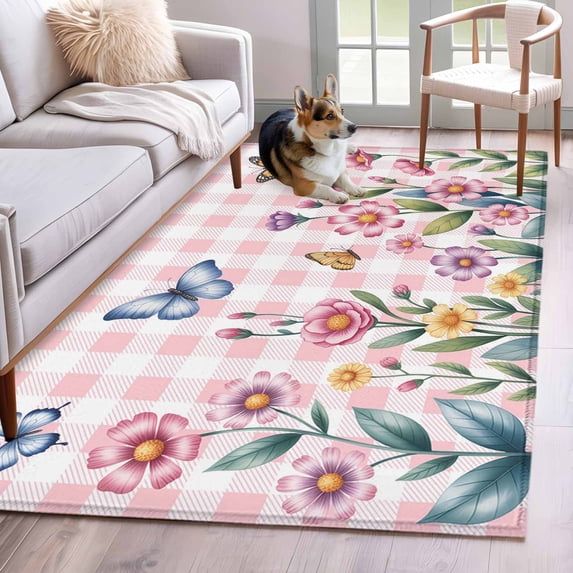 Area Rugs 2.7'x5', Pink Flowers Carpet for Living Room Bedroom Dining Room, Spring Floral Butterfly Leaves Plants Rustic Plaid Throw Kitchen Rugs Non Slip Washable Rectangle Indoor Outdoor Rugs