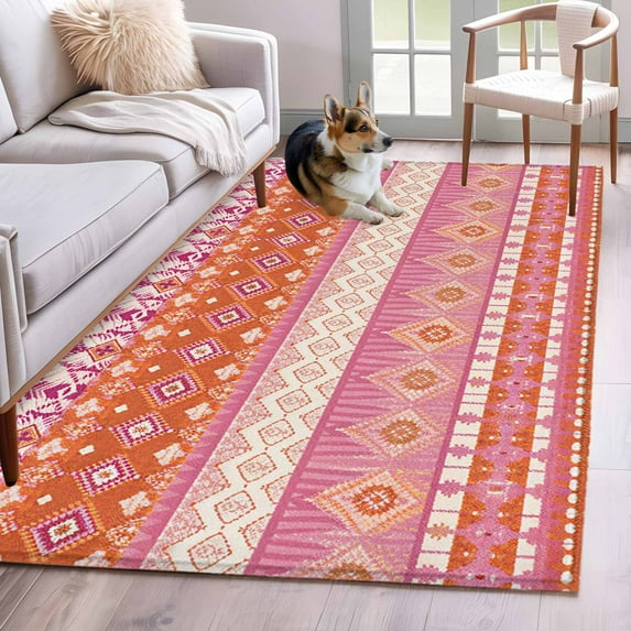 Area Rugs 2.7'x5', Pink Orange Boho Carpet for Living Room Bedroom Dining Room, Vintage Ethnic Tribe Abstract Art Throw Kitchen Rugs Non Slip Washable Rectangle Indoor Outdoor Rugs