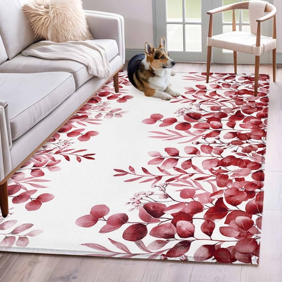 Area Rugs 2.7'x5', Pink Red Eucalyptus Leaves Carpet for Living Room Bedroom Dining Room, Watercolor Spring Summer Botanical Throw Kitchen Rugs Non Slip Washable Rectangle Indoor Outdoor Rugs