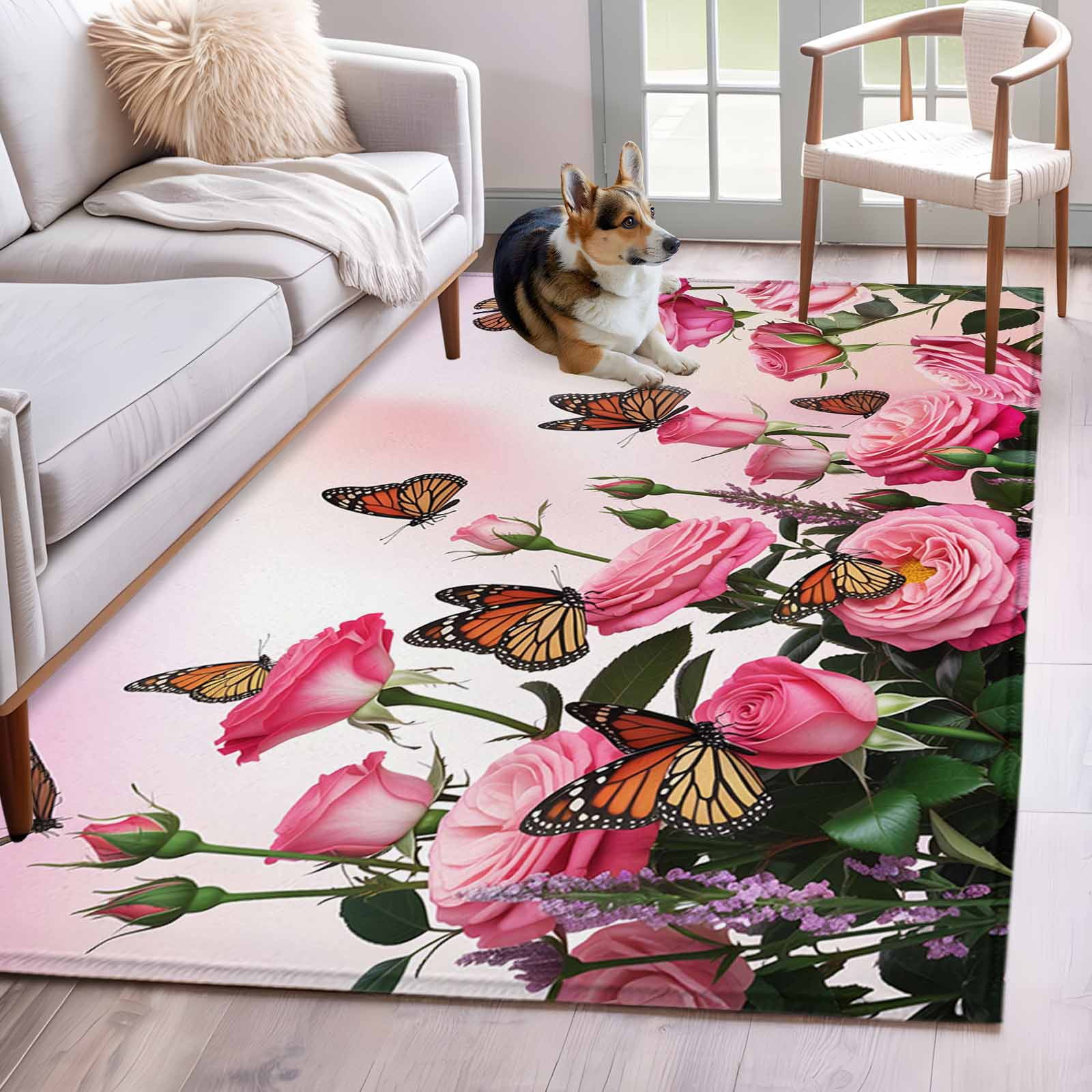 Area Rugs 2.7'x5', Pink Roses Carpet for Living Room Bedroom Dining ...