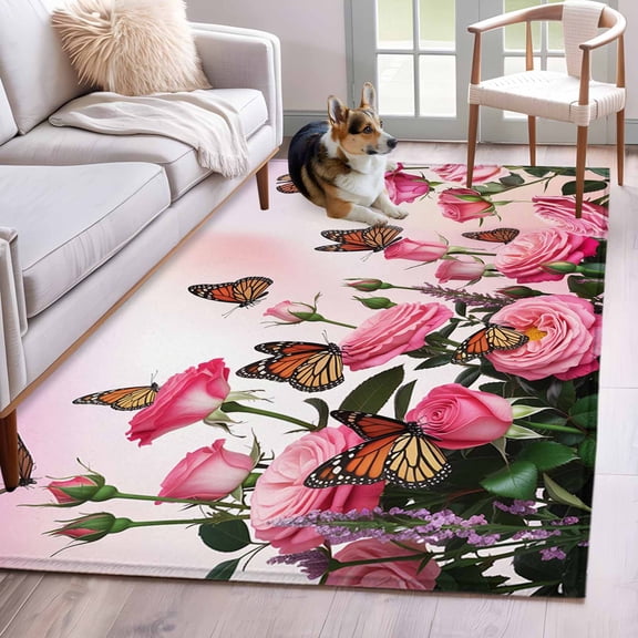 Area Rugs 2.7'x5', Pink Roses Carpet for Living Room Bedroom Dining Room, Spring Floral Butterflies Watercolor Modern Art Throw Kitchen Rugs Non Slip Washable Rectangle Indoor Outdoor Rugs