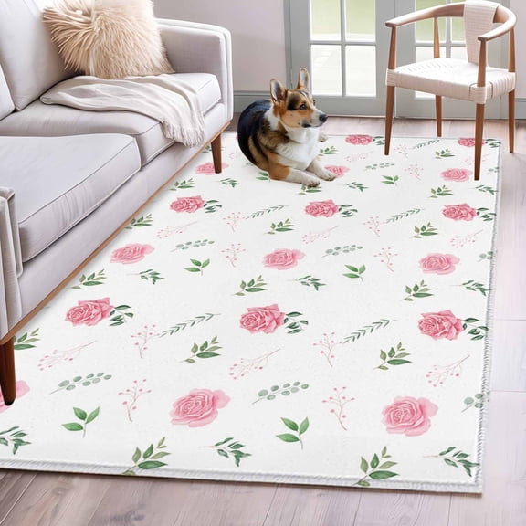 Area Rugs 2.7'x5', Pink Roses Carpet for Living Room Bedroom Dining Room, Valentine's Day Floral Leaves Romantic Spring Throw Kitchen Rugs Non Slip Washable Rectangle Indoor Outdoor Rugs