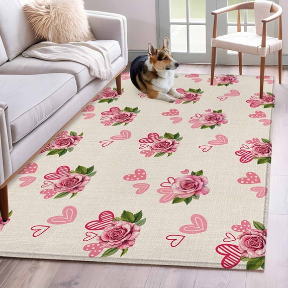 Area Rugs 2.7'x5', Pink Roses Carpet for Living Room Bedroom Dining Room, Valentine's Day Love Flowers Beige Rustic Throw Kitchen Rugs Non Slip Washable Rectangle Indoor Outdoor Rugs