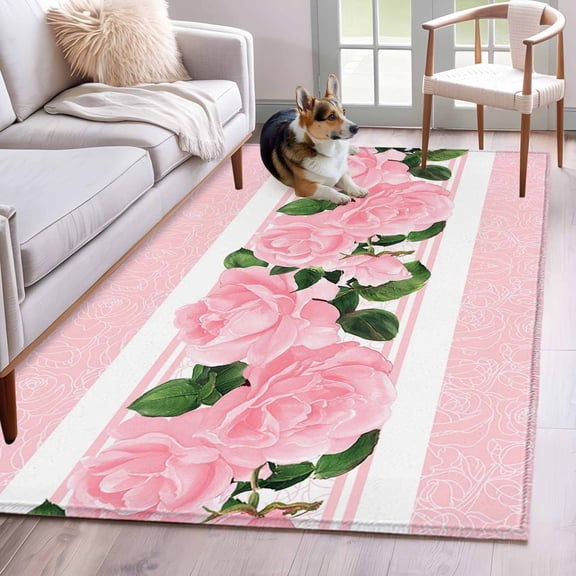Area Rugs 2.7'x5', Pink Roses Carpet for Living Room Bedroom Dining Room, Valentine's Day Romantic Flowers Green Leaf Stripes Throw Kitchen Rugs Non Slip Washable Rectangle Indoor Outdoor Rugs