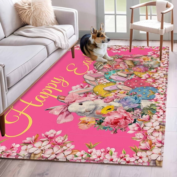 Area Rugs 2.7'x5', Pink Spring Easter Carpet for Living Room Bedroom Dining Room, Bunny Eggs Floral Botanical Throw Kitchen Rugs Non Slip Washable Rectangle Indoor Outdoor Rugs