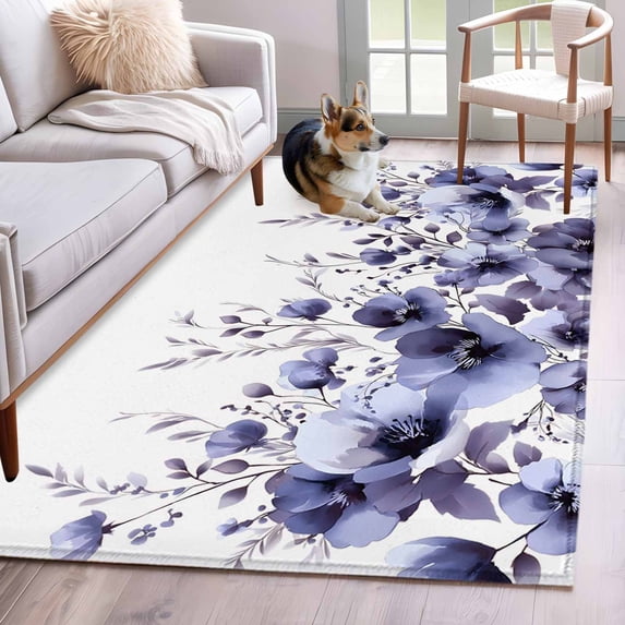 Area Rugs 2.7'x5', Purple Blooms Floral Carpet for Living Room Bedroom Dining Room, Farmhouse Spring Flowers Botanical Throw Kitchen Rugs Non Slip Washable Rectangle Indoor Outdoor Rugs
