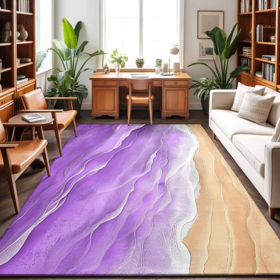 Area Rugs 2.7'x5', Purple Coastal Beach Carpet Runner Indoor Outdoor Rugs Home Decor Aesthetic, Summer Nautical Ocean Beige Seaside Non Slip Mats Washable Accent Rug for Living Room Bedroom