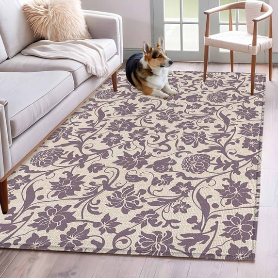 Area Rugs 2.7'x5', Purple Floral Carpet for Living Room Bedroom Dining Room, Spring Plants Flowers Vintage Rustic Throw Kitchen Rugs Non Slip Washable Rectangle Indoor Outdoor Rugs