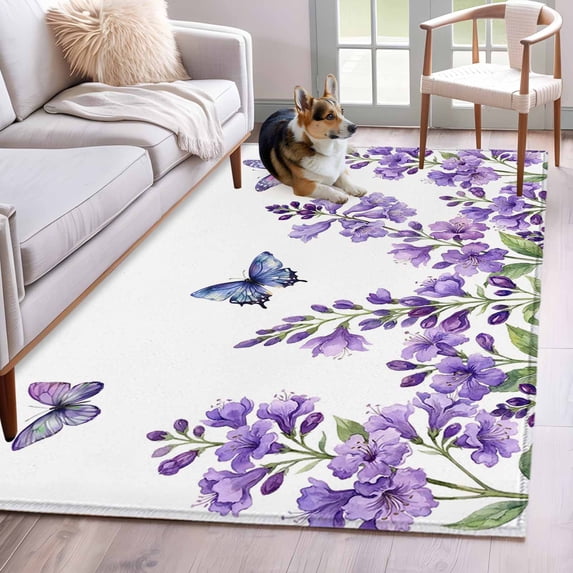 Area Rugs 2.7'x5', Purple Flowers Carpet for Living Room Bedroom Dining Room, Butterfly Spring Floral Watercolor Farmhouse Throw Kitchen Rugs Non Slip Washable Rectangle Indoor Outdoor Rugs