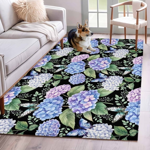 Area Rugs 2.7'x5', Purple Hydrangea Carpet for Living Room Bedroom Dining Room, Spring Floral Elegant Pastoral Flowers Throw Kitchen Rugs Non Slip Washable Rectangle Indoor Outdoor Rugs