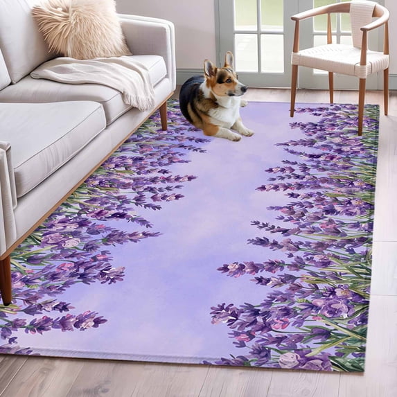 Area Rugs 2.7'x5', Purple Lavender Carpet for Living Room Bedroom Dining Room, Spring Watercolor Wild Flowers Plant Throw Kitchen Rugs Non Slip Washable Rectangle Indoor Outdoor Rugs