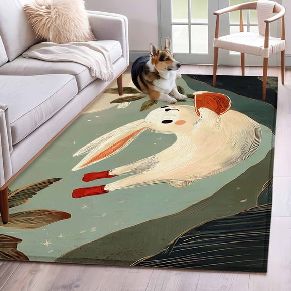 Area Rugs 2.7'x5', Rabbit Carpet for Living Room Bedroom Dining Room, Oriental Night Sky Full Moon Mountains Leaves Throw Kitchen Rugs Non Slip Washable Rectangle Indoor Outdoor Rugs