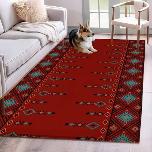 Area Rugs 2.7'x5', Red Boho Carpet for Living Room Bedroom Dining Room, Vintage Ethnic Tribe Abstract Art Retro Throw Kitchen Rugs Non Slip Washable Rectangle Indoor Outdoor Rugs