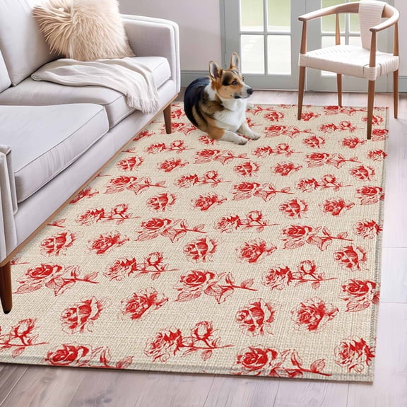 Area Rugs 2.7'x5', Red Floral Carpet for Living Room Bedroom Dining Room, Valentine's Day Roses Flowers Vintage Beige Throw Kitchen Rugs Non Slip Washable Rectangle Indoor Outdoor Rugs