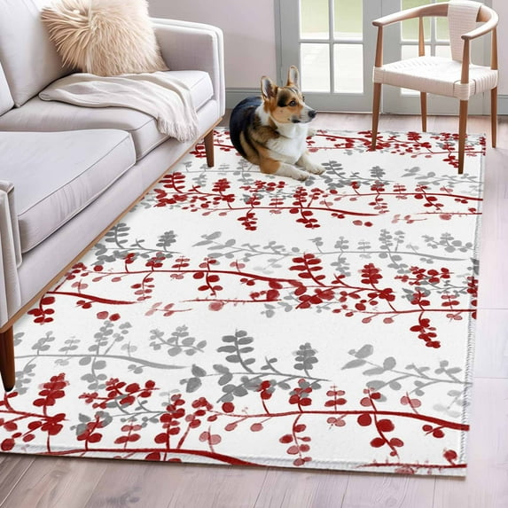 Area Rugs 2.7'x5', Red Grey Botanical Carpet for Living Room Bedroom Dining Room, Spring Floral Summer Farmhouse Throw Kitchen Rugs Non Slip Washable Rectangle Indoor Outdoor Rugs