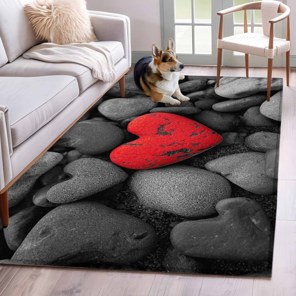 Area Rugs 2.7'x5', Red Love Heart Stone Carpet for Living Room Bedroom Dining Room, Mondern Abstract Art Stones Throw Kitchen Rugs Non Slip Washable Rectangle Indoor Outdoor Rugs