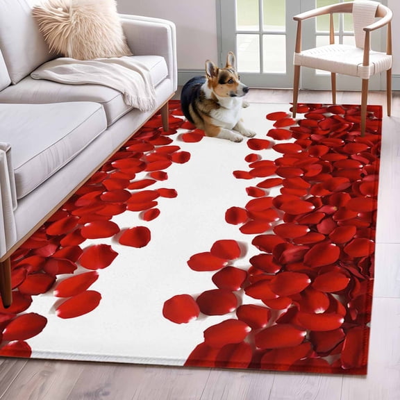 Area Rugs 2.7'x5', Red Rose Petals Carpet for Living Room Bedroom Dining Room, Valentine's Day Flowers Romance Throw Kitchen Rugs Non Slip Washable Rectangle Indoor Outdoor Rugs