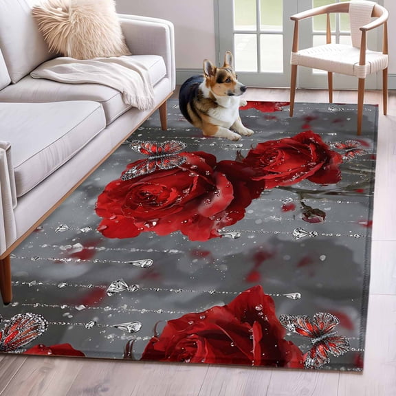 Area Rugs 2.7'x5', Red Roses Carpet for Living Room Bedroom Dining Room, Valentine's Day Crystal Butterflies Floral Throw Kitchen Rugs Non Slip Washable Rectangle Indoor Outdoor Rugs