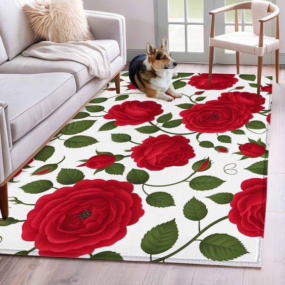 Area Rugs 2.7'x5', Red Roses Carpet for Living Room Bedroom Dining Room, Valentine's Day Flowers Leaves Romantic Throw Kitchen Rugs Non Slip Washable Rectangle Indoor Outdoor Rugs