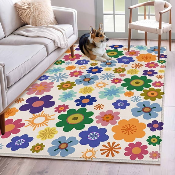 Area Rugs 2.7'x5', Retro Bohemia Floral Carpet for Living Room Bedroom Dining Room, Blue Purple Flowers Boho Style Beige Throw Kitchen Rugs Non Slip Washable Rectangle Indoor Outdoor Rugs