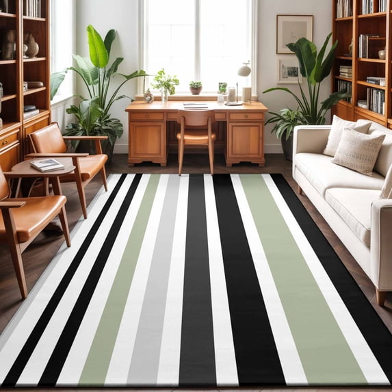 Area Rugs 2.7'x5', Sage Green Black Stripe Carpet Runner Indoor Outdoor Rugs Home Decor Aesthetic, Modern Abstract Coarse Striped Non Slip Mats Washable Accent Rug for Living Room Bedroom