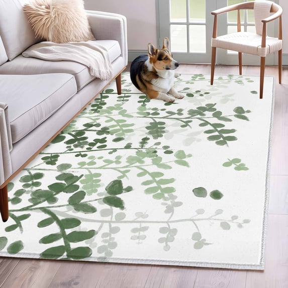 Area Rugs 2.7'x5', Sage Green Leaves Carpet for Living Room Bedroom Dining Room, Summer Botanical Throw Kitchen Rugs Non Slip Washable Rectangle Indoor Outdoor Rugs