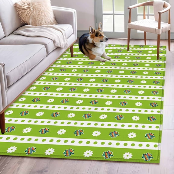 Area Rugs 2.7'x5', Saint Patrick's Day Carpet for Living Room Bedroom Dining Room, Green Colorful Clovers Leaves Stripes Throw Kitchen Rugs Non Slip Washable Rectangle Indoor Outdoor Rugs