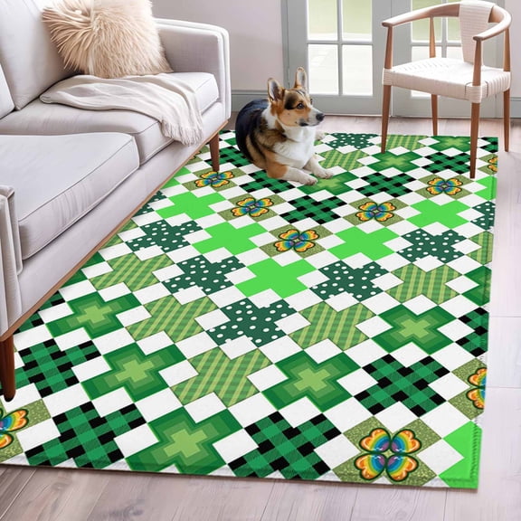 Area Rugs 2.7'x5', Saint Patrick's Day Carpet for Living Room Bedroom Dining Room, Green Plaid Clovers Geometric Throw Kitchen Rugs Non Slip Washable Rectangle Indoor Outdoor Rugs