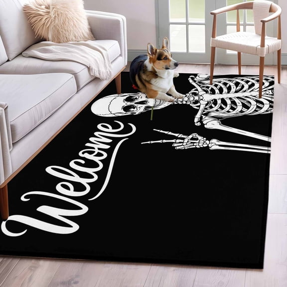 Area Rugs 2.7'x5', Skeletons Roses Carpet for Living Room Bedroom Dining Room, Horror Minimalism Modern Aesthetic Throw Kitchen Rugs Non Slip Washable Rectangle Indoor Outdoor Rugs